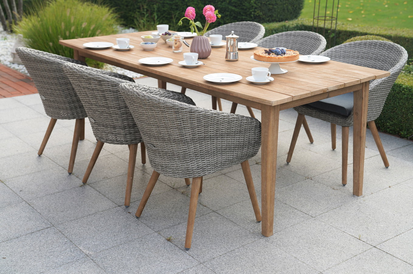 Ploß Borneo/Kota Ogrodowa grupa jadalna, naturalny/szaro-melanżowy, akacja/aluminium/polirattan, 220x100 cm, 6 foteli koktajlowych, akacja, produkt z certyfikatem FSC® 28607__1