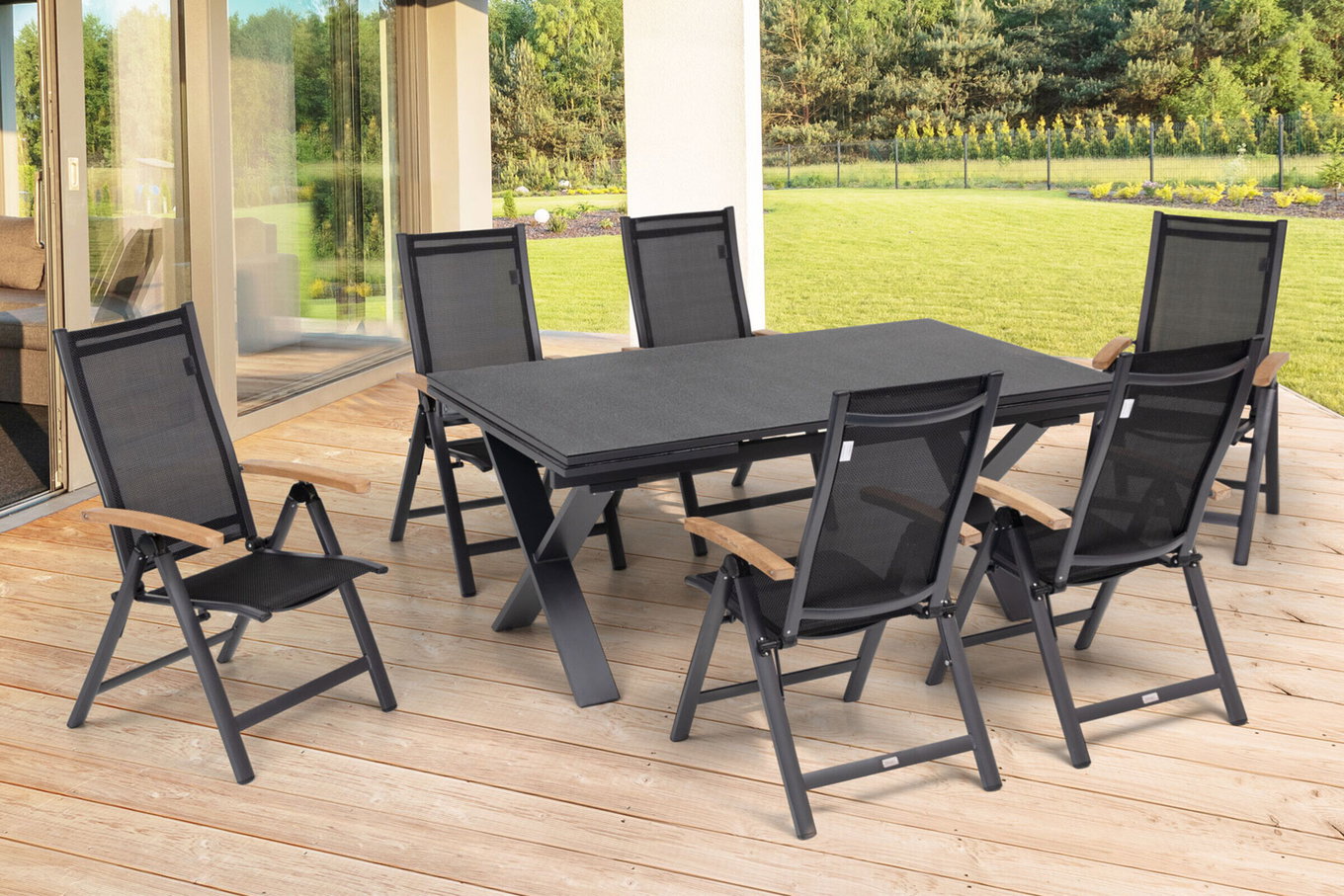 OUTFLEXX Grupa jadalna ogrodowa, OUTFLEXX® matowy antracyt, Alu / Spraystone / Teak, Stół 180/280x100cm, 6 krzeseł składanych 22124__1