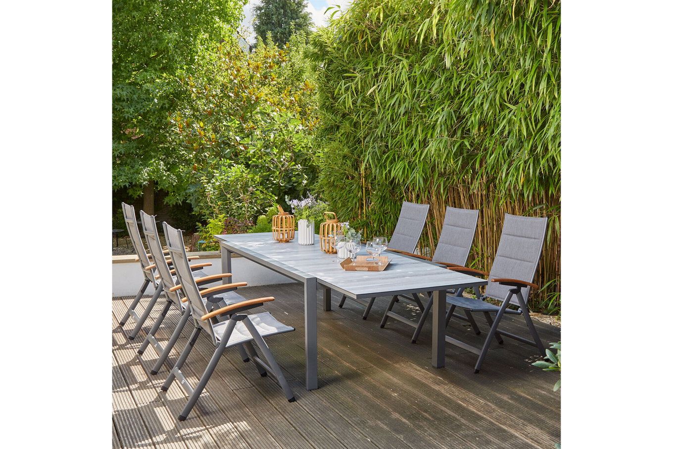 SIENA GARDEN Savina XL/Kingston Ogrodowy zestaw jadalniany, matowy grafit/szary/wood look, Alu/Teak/Texfabric, Stół 220/340x108 cm, 4 krzesła składane 22035__1